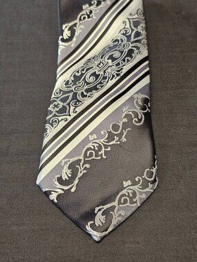 Karl Knox Mens Silver & Black Floral Stripe Necktie